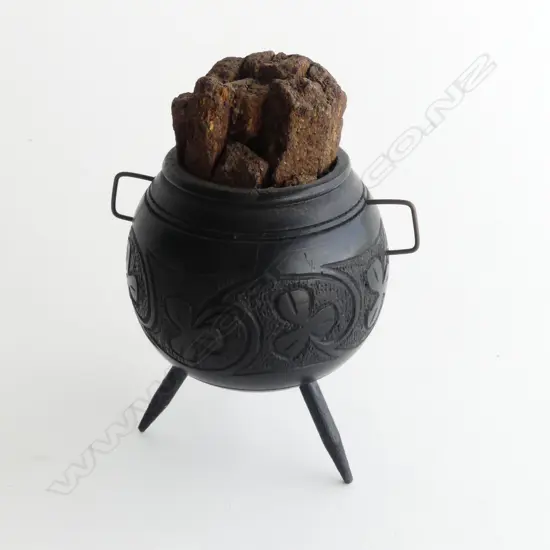 IRISH BOG OAK carved SMALL CAULDRON w bog oak 'firewood'