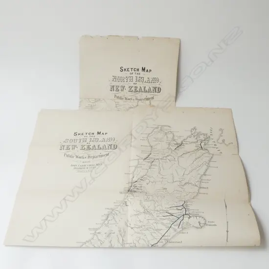 2 PRINTED SKETCH MAPS OF BOTH N. & S. ISLAND NEW ZEALAND by PUBLIC WORKS DEPARTMENT, 1876