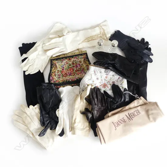 2 VINTAGE EVENING BAGS, ASST. GLOVES, PR STG CAPPED CONDIMENTS