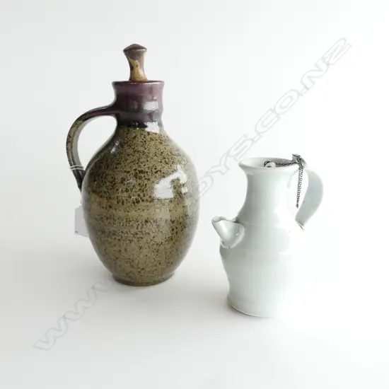 TWO STONEWARE NZ POTTERY EWERS WITH STOPPERS, ONE H. 230mm OTHER WHITE H.130mm BOTH  INITIAL 'JC'