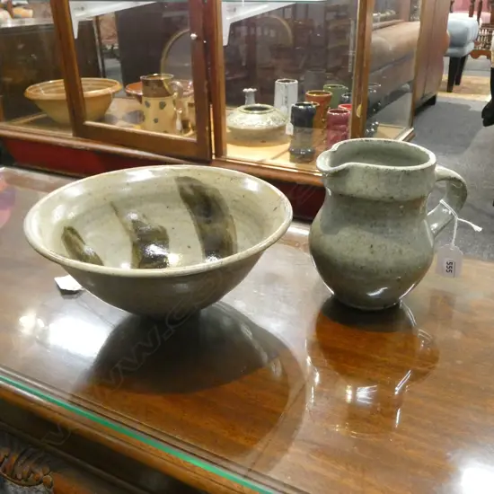 NZ POTTERY STONEWARE BOWL WITH BRUSH DECORATION DIA 220mm & JUG H.140mm
