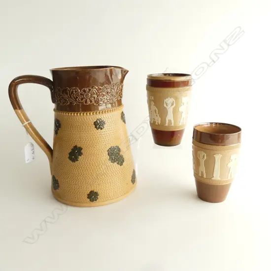 THREE ROYAL DOULTON LAMBETH ITEMS, LGE JUG H.220mm (CHIP TO SPOUT) & TWO EGYPTIAN THEMED JUGS H.145mm ( NO SILVER RIM) 
