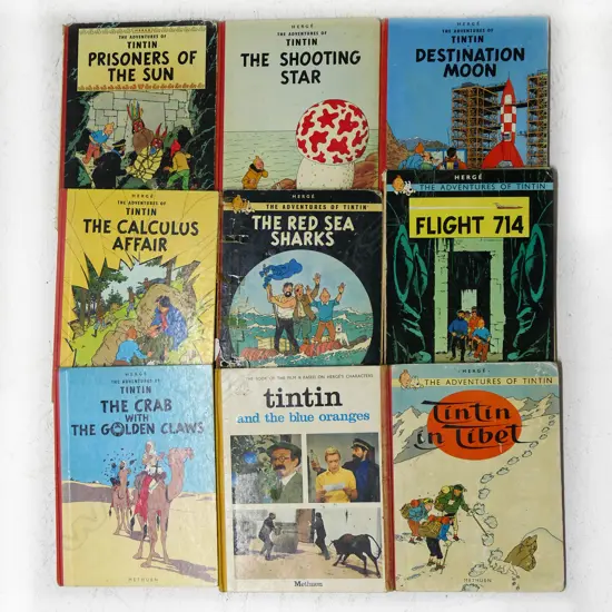 9 VINTAGE TINTIN BOOKS; DESTINATION MOON, FLIGHT 714, etc