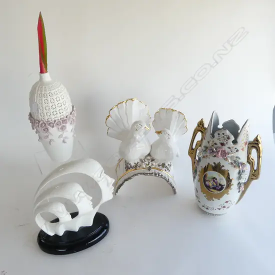 4 LG WHITE CERAMICS; 2 VASES H.350mm, DOVES, FACES SCULPTURE