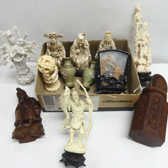 COLLECTION OF 12 CHINESE FIGURES  WOOD CARVINGS VASES ETC 270MM TALLEST
