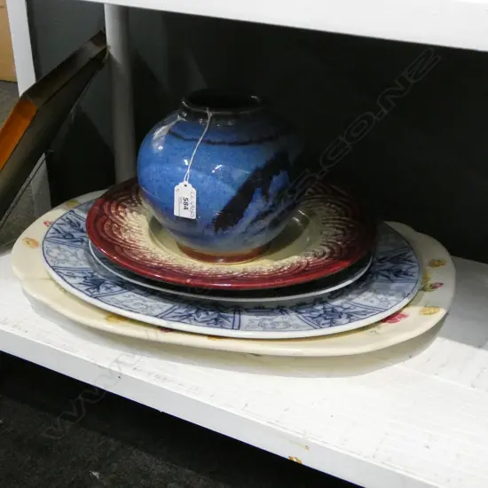 MEAT DISH 495x365mm, 2 OVAL PLATTERS, DISH 320mm dia, BLUE VASE