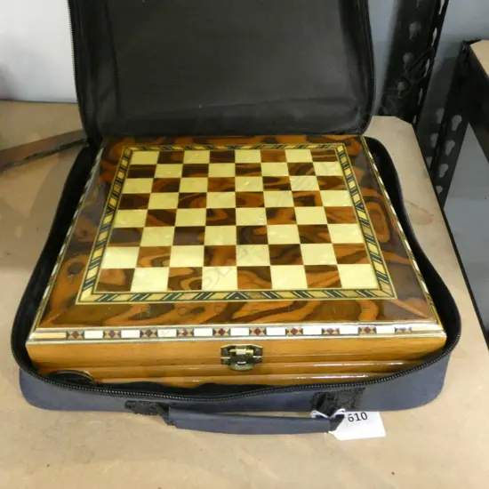 CASED INLAID 'HELENA WOOD ART' PORTABLE CHESS SET & METAL CLASSICAL PCS w.CARRY BAG 235x235mm