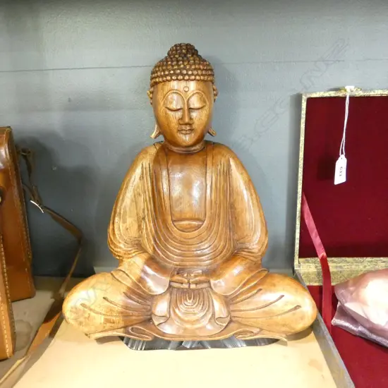 LRG WOODEN BUDDHA H.310mm, CASED AIMUSITE SILK SCARF, KOKESHI DOLL, etc