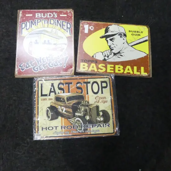 THREE METAL SIGNS; BASEBALL, HOT ROD, DINER, 310x400mm