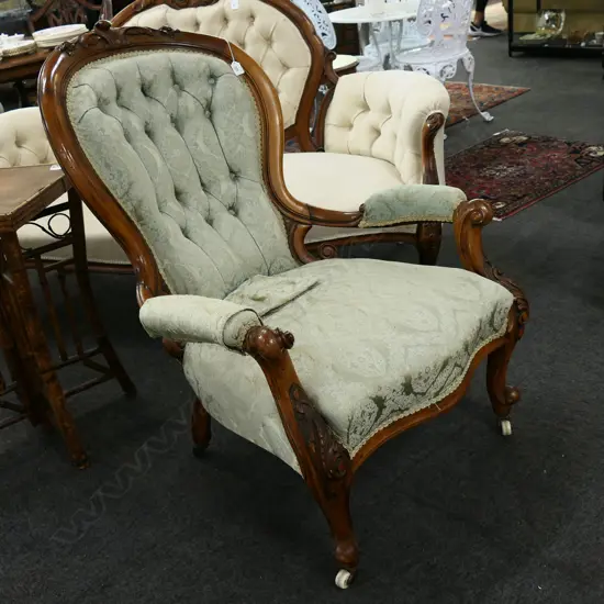 VICTORIAN GRAND FATHER CHAIR; GREEN UPHOLSTERY