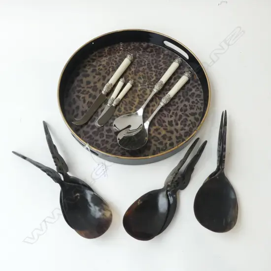 LEOPARD PRINT GALLERY TRAY + 6 HORN SERVERS + 5 SERVING ITEMS, D.330MM