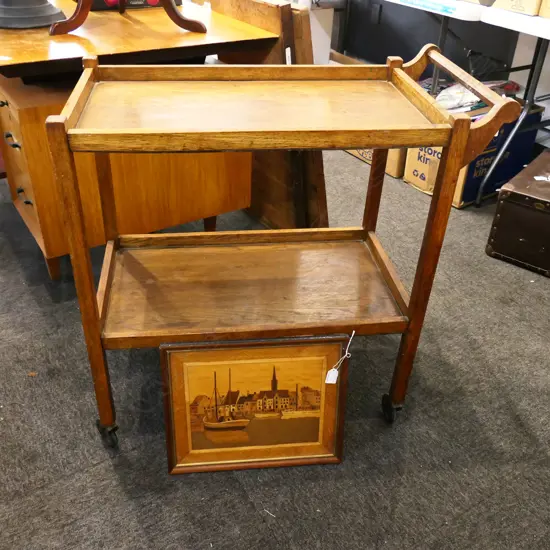 OAK TEA TROLLEY W.770mm + WOOD VENEER ARTWORK 325x390mm