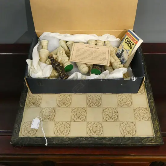 VINTAGE CHESS SET, 'THE CAMELOT SET', TAKAKA MARBLE by CRISAN CRAFT, H.130mm (KING PC), BOARD 460 x 460mm