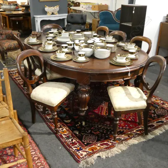 VICTORIAN MAHOGANY D END DINING TABLE w. 2 LEAVES + 8 BALLOON BACK CHAIRS