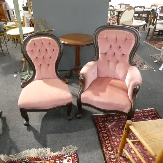 VICTORIAN GRAND FATHER & GRANDMOTHER CHAIR; PINK VELVET