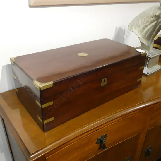 MAHOGANY BRASS BOUND WRITING BOX; New tooled leather, 500x250x170mm