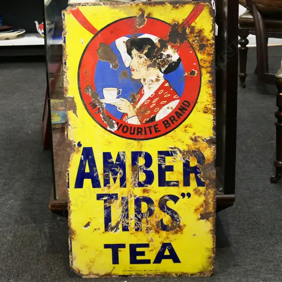 OLD ENAMEL SIGN,'AMBER TIPS TEA' , 'GEO HADFIELD & CO WELLINGTON NZ' TO BASE, SOME LGE  LOSS 880X60mm
