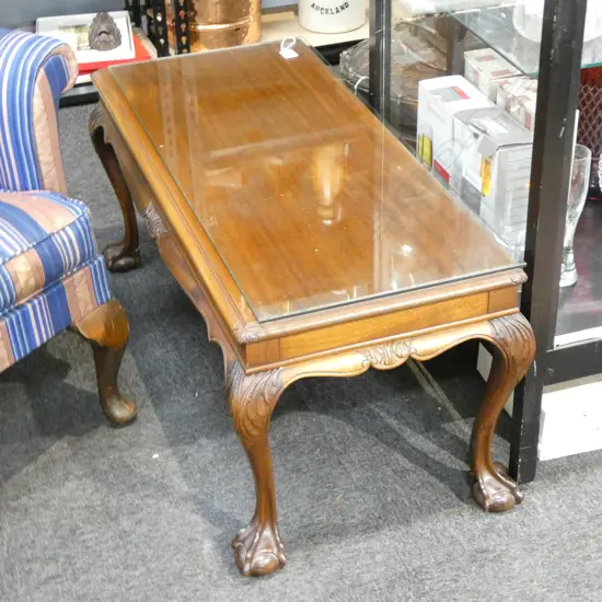 MAHOGANY COFFEE TABLE, BALL & CLAW FEET