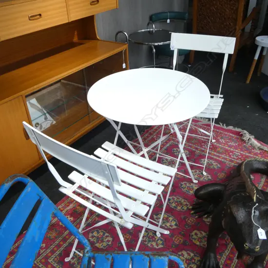 3 PCE WHITE METAL PATIO SET; TABLE & PR CHAIRS