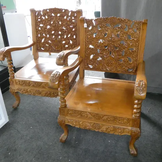 PR INDONESIAN CARVED TEAK ARMCHAIRS 650x650x900mm