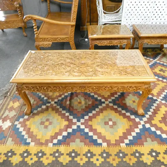 INDONESIAN CARVED TEAK COFFEE TABLE 1215x565x470mm