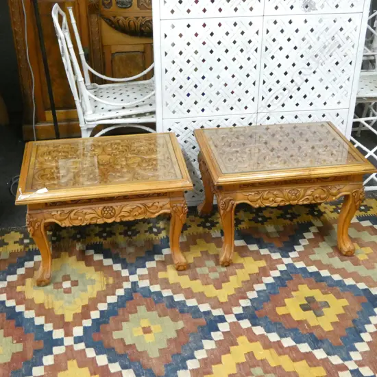 PR INDONESIAN CARVED TEAK SIDE TABLES 620x465x415mm
