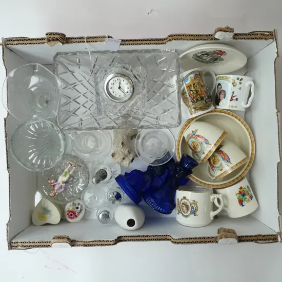 BOX ROYALTY CHINA, ORNAMENTS, CRYSTAL CLOCK  ETC