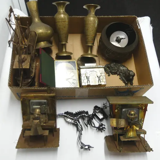 COLLECTION OF  BRASS & METAL PCS MUSIC BOXES  SAILING SHIP H290MM MONEY BOX BRASS VASES ETC