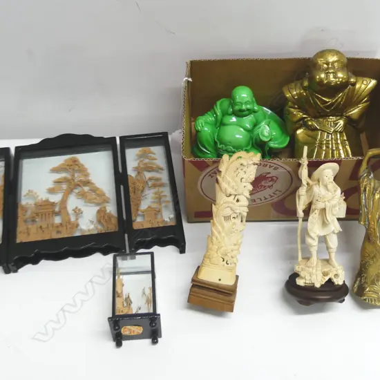 7 ORIENTAL PCS  3 HOTEI 2 CORK CARVINGS H200MM TALLEST & 2 CARVED PCS