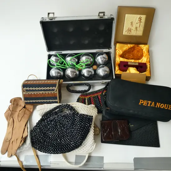 ASST COSTUME BAGS, GLOVES, etc w. 2 PETANQUE SETS, etc