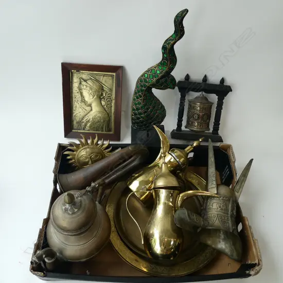 ASST. COPPER & BRASS; 2 BRASS JUGS, 2 TRAYS, JUE, PRAYER WHEEL etc