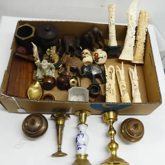 COLLECTION OF BONE CARVINGS BRASS & WOOD PCS ETC