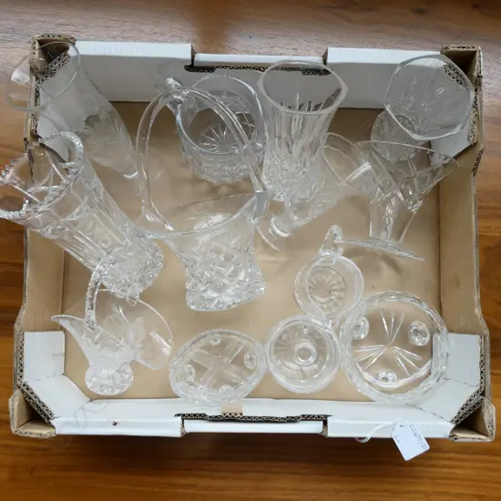 13 PCS CRYSTAL - VASES, BASKETS, JUGS ETC ALL GOOD CONDITION