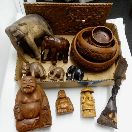 COLLECTION OF CARVED WOOD ITEMS ELEPHANTS BUDDHA  BOWLS ETC