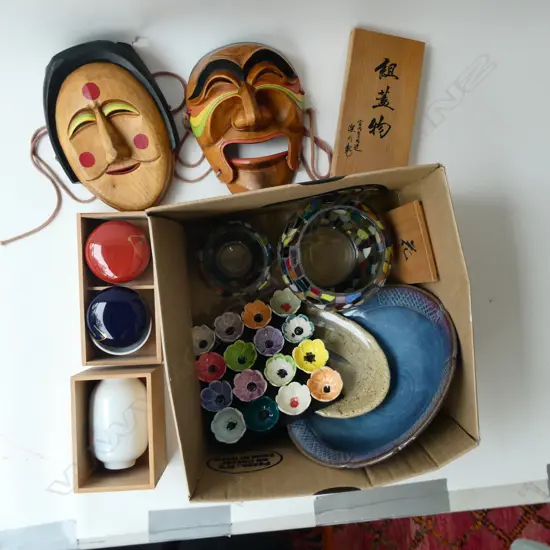 ASST NZ POTTERY, JAPANESE MASKS, MOSAIC GLASS etc