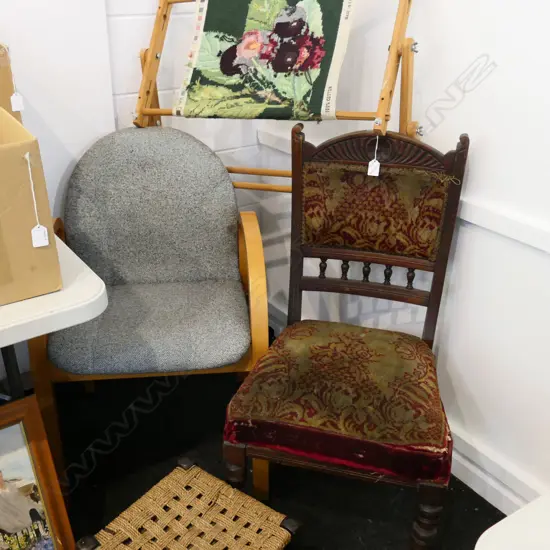 2 CHAIRS: OFFICE & EDWARDIAN + STOOL & NEEDLEWORK FRAME