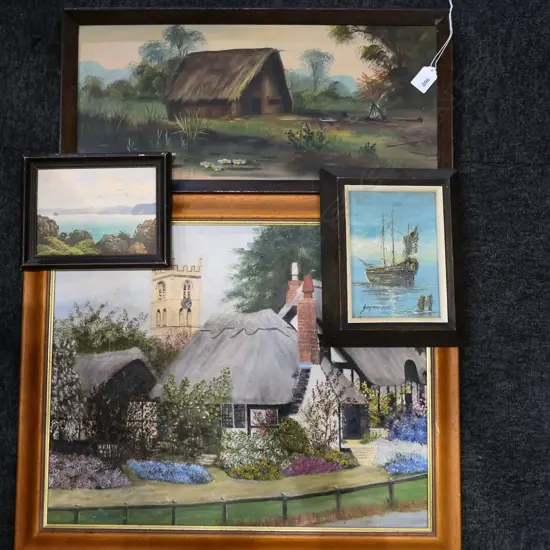 4 OIL ON BOARD ARTWORKS INCL. DE RITZ 'MAORI WHARE' 215x495mm