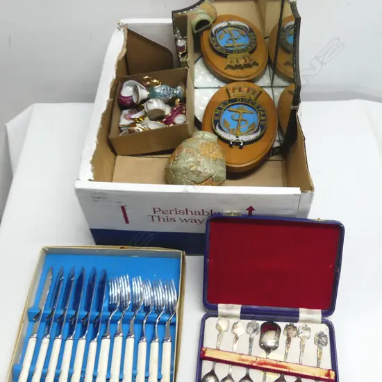 COLLECTABLE ITEMS; DECO CORNER WALL MIRROR, H.280mm, LIMOGES MINIS, VINTAGE CUTLERY, HMNZ DOCKYARD PLAQUE & WALL VASE