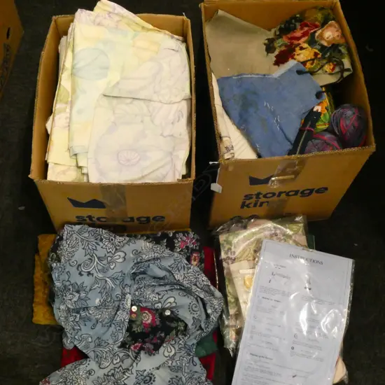 2 BOXES ASST. FABRICS; LINENS, QUILTING ETC