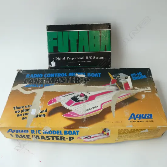 RADIO CONTROL MODEL BOAT; AQUA LAKE MASTER P + FUTABA DIGITAL PROPORTIONAL R/C SYSTEM, BOTH BOXED