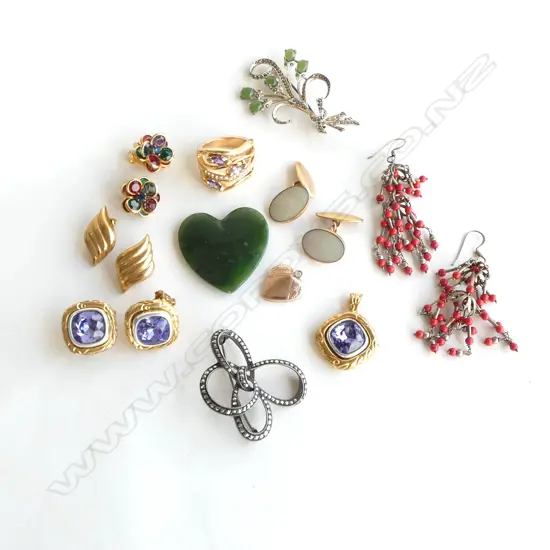 ASST. COSTUME JEWELLERY Incl. 9ct GOLD 1/2 HEART PENDANT 0.95gms & GREENSTONE HEART PENDANT