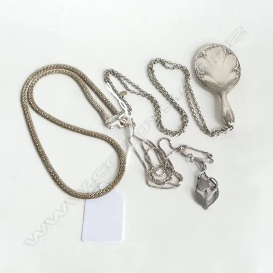 3 SILVER NECKLACES: 1 W SILVER MINI HANDMIRROR PENDANT + ART NOUVEAU STYLE PENDANT
