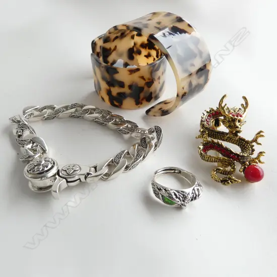 2 CUFFS, HEAVY COSTUME BRACELET, DRAGON BROOCH & OWL RING, ALL NEW