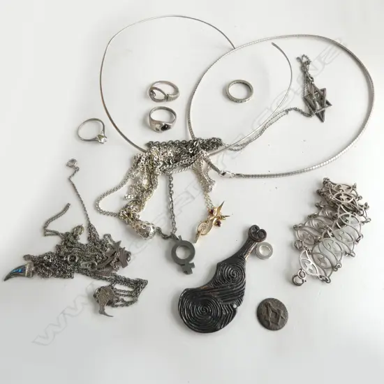 ASSORTED MAINLY SILVER JEWELLERY: NECKLACES + RINGS + BRACELET + bronze Maori club pedant etc.