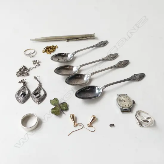 SILVER RINGS ETC: DOLPHIN ring + BRACELET + SILVER CLOVER BROOCH + EP SPOONS ETC