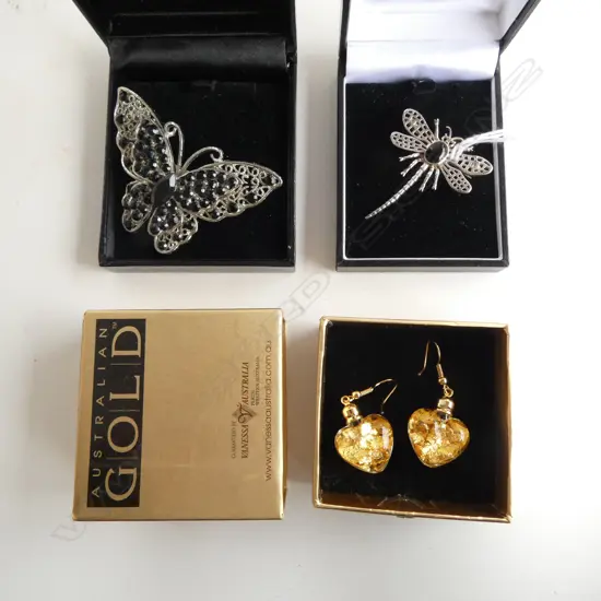 SILVER DRAGONFLY BROOCH BOXED + COSTUME BUTTERFLY BROOCH + 'AUSTRALIAN GOLD in glass hearts EARRINGS