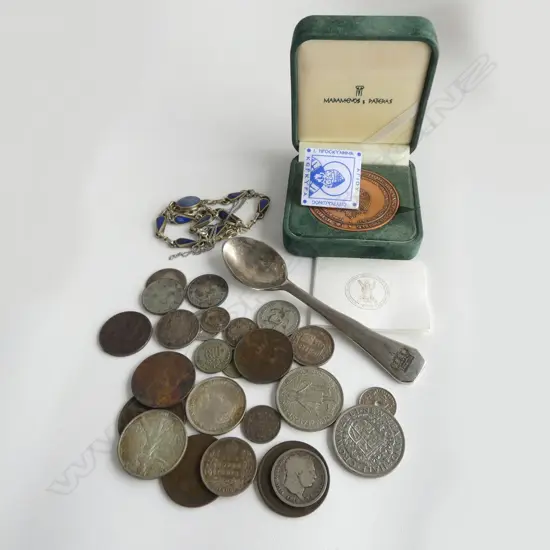 ASST. COINS some silver. 1 boxed + spoon + necklace
