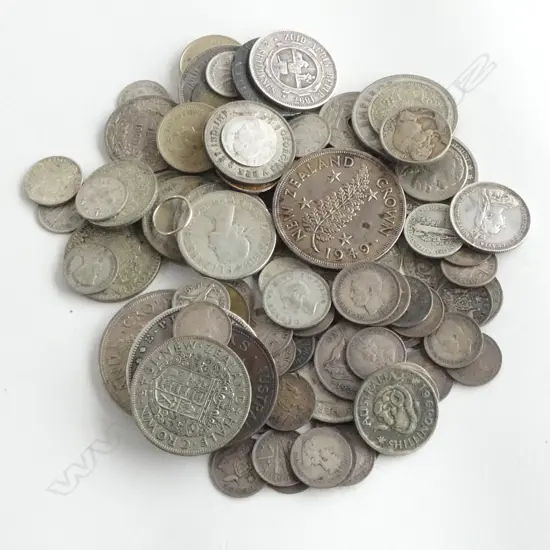 BAG OLD NZ & WORLD COINAGE: 3d's. Crown & half Crowns. USA 1888 SILVER $1. The Sydney Railway/Hanks & Lloyd  1855 token