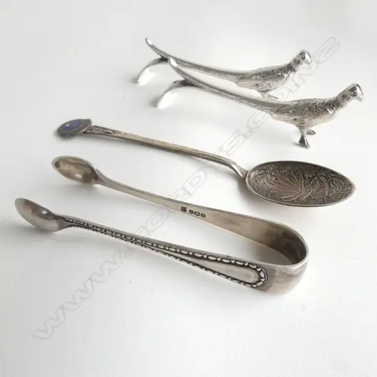 SILVER TONGS + SPOON + PR SILVER PLATE PHEASANT KNIFE RESTS 