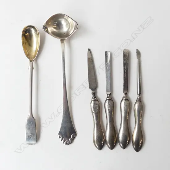 VICTORIAN SILVER MUSTARD SPOON + 4 VANITY IMPLEMENTS + PLATED DANISH LADLE
